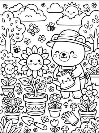Desenho de Ursinho Cultivando Flores de Primavera para colorir e imprimir grátis