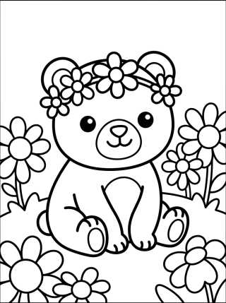Desenho de Ursinho no Campo de Flores para colorir e imprimir grátis