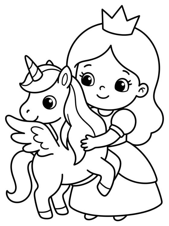 Desenho de Princesa e o Unicórnio Fofo para colorir e imprimir grátis
