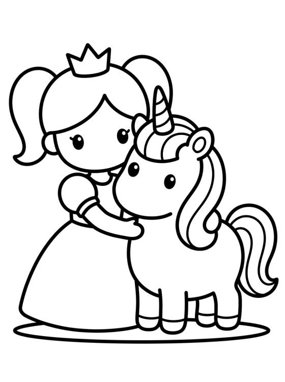Desenho de Princesa e Unicórnio Fofo para colorir e imprimir grátis
