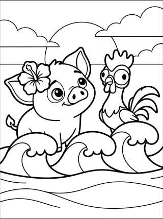 Desenho de Pua e Hei Hei Brincando nas Ondas para colorir e imprimir grátis