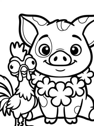 Desenho de Pua e Hei Hei com Colar de Flores para colorir e imprimir grátis