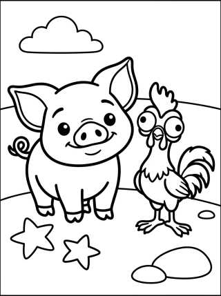 Desenho de Pua e Hei Hei Juntos na Praia para colorir e imprimir grátis