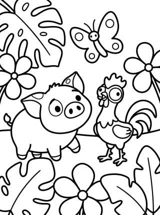 Desenho de Pua e Hei Hei na Floresta Tropical para colorir e imprimir grátis