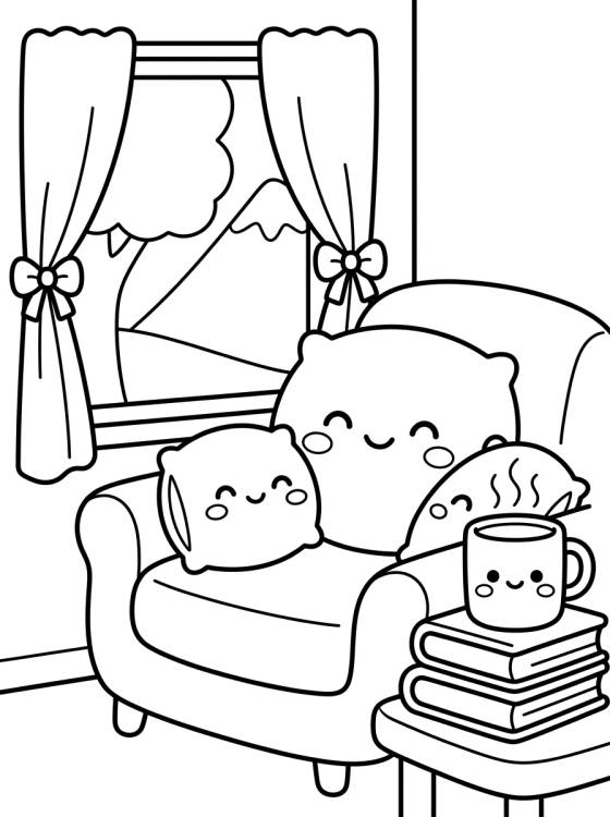 Desenho de Cantinho de Leitura Aconchegante para colorir e imprimir grátis