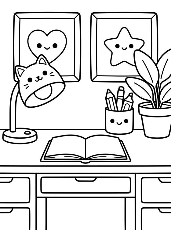 Desenho de Escrivaninha Fofa e Organizada para colorir e imprimir grátis