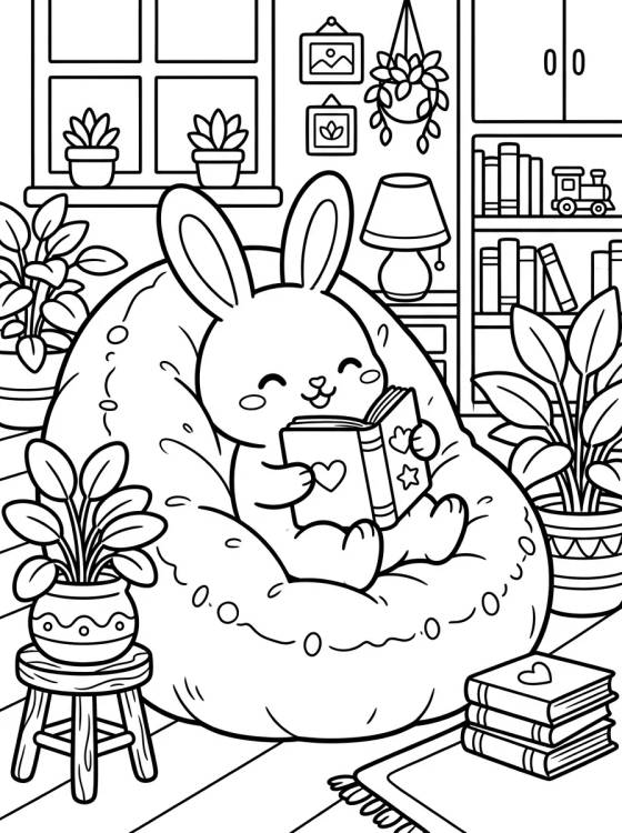 Desenho de Coelhinho Acomodado no Puff para colorir e imprimir grátis