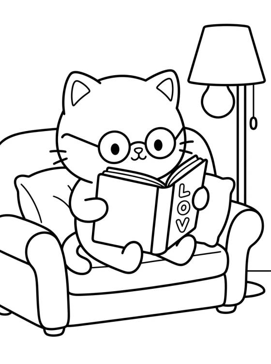 Gatinho Fofo Lendo no Sofá para colorir Desenho de Gatinho Fofo Lendo no Sofá para colorir e imprimir grátis