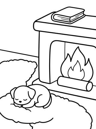 Desenho de Lareira e Cachorrinho Dorminhoco para colorir e imprimir grátis