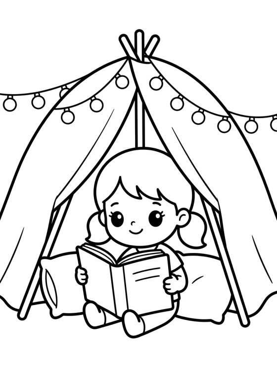 Desenho de Menina Lendo na Cabaninha para colorir e imprimir grátis