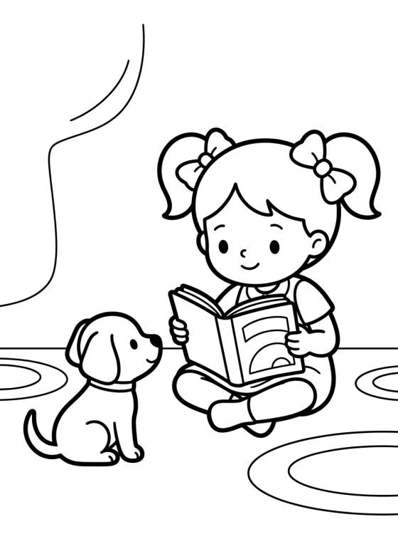 Menina Lendo para seu Cachorrinho para colorir Desenho de Menina Lendo para seu Cachorrinho para colorir e imprimir grátis