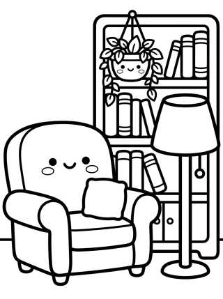 Desenho de Poltrona e Estante de Livros Aconchegante para colorir e imprimir grátis