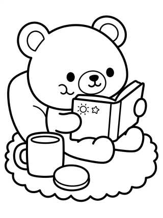 Desenho de Ursinho com Chá e Livro no Tapete da Sala para colorir e imprimir grátis