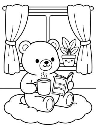Desenho de Ursinho Tomando Chá no Tapete da Sala para colorir e imprimir grátis
