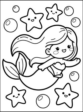 Desenho de Sereiata Nadando com Estrelas do Mar para colorir e imprimir grátis