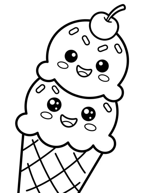 Desenho de Casquinha de Sorvete Kawaii Sorridente para colorir e imprimir grátis