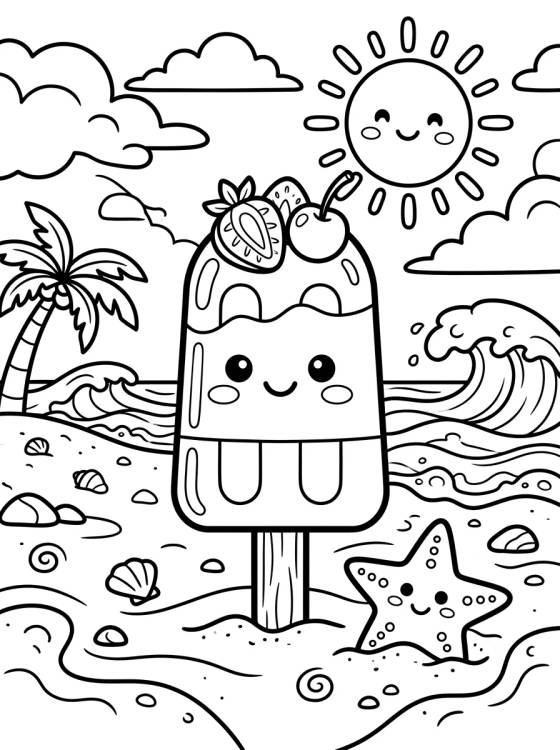 Desenho de Picolé Fofo na Beira da Praia para colorir e imprimir grátis