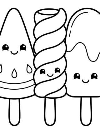Desenho de Trio de Picolés Fofos e Variados para colorir e imprimir grátis