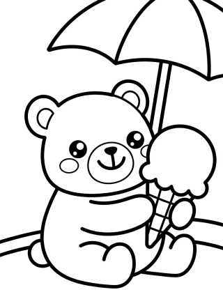 Desenho de Ursinho Comendo Sorvete no Verão para colorir e imprimir grátis
