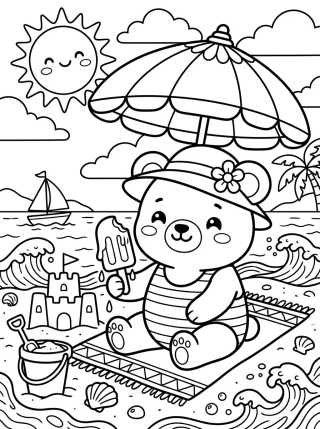 Desenho de Ursinho Comendo Sorvete no Verão para colorir e imprimir grátis