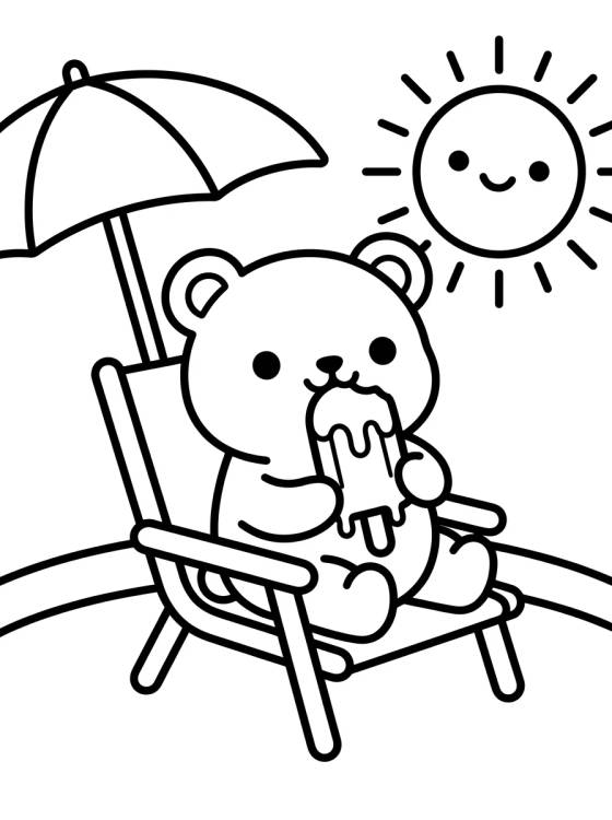 Desenho de Ursinho Fofo Comendo Sorvete no Verão para colorir e imprimir grátis