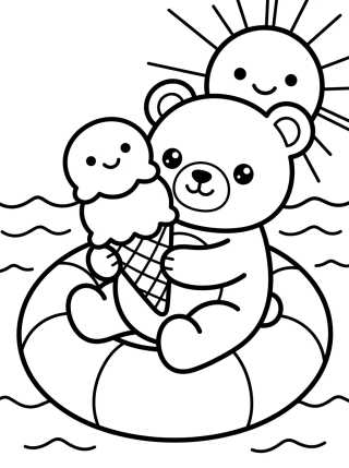 Desenho de Ursinho Kawaii Tomando Sorvete para colorir e imprimir grátis