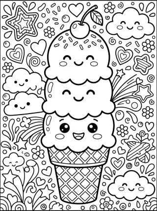 Desenho de Casquinha de Sorvete Kawaii para colorir e imprimir grátis