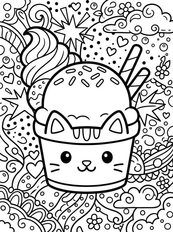 Desenho de Gatinho Sorvete Kawaii para colorir e imprimir grátis