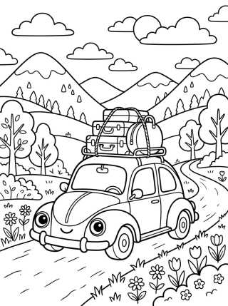 Desenho de Carro Fofinho em Viagem de Férias para colorir e imprimir grátis