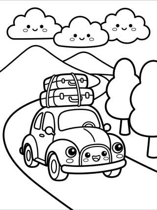 Desenho de Carro Fofo na Estrada de Montanha para colorir e imprimir grátis
