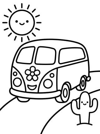 Desenho de Kombi Fofa em uma Aventura de Estrada para colorir e imprimir grátis