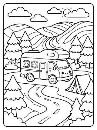 Desenho de Motorhome Fofo na Estrada do Acampamento para colorir e imprimir grátis
