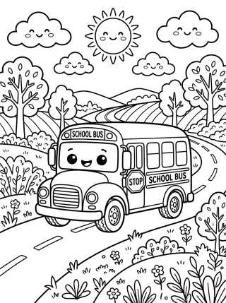 Desenho de Ônibus Alegre Passeando na Estrada para colorir e imprimir grátis