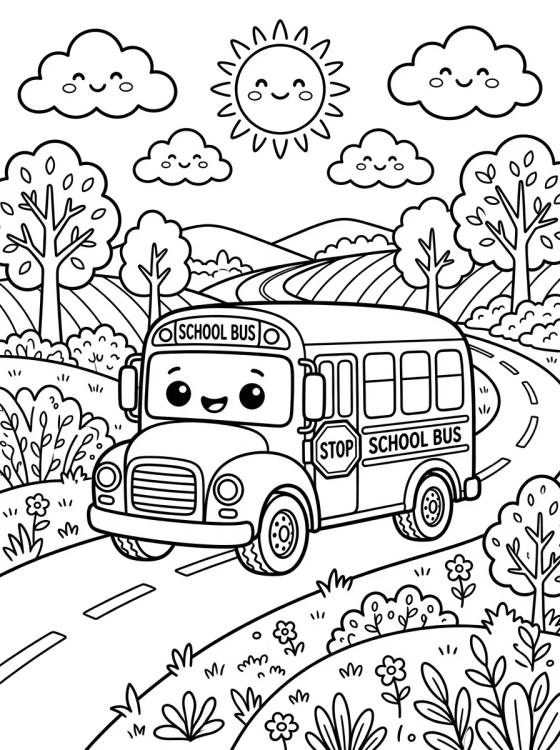 Desenho de Ônibus Alegre Passeando na Estrada para colorir e imprimir grátis