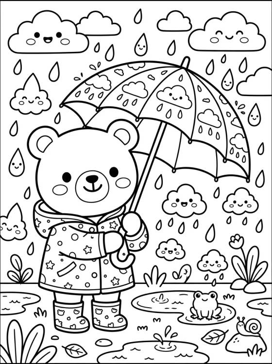 Desenho de Ursinho Bobbie de Guarda-Chuva na Chuva para colorir e imprimir grátis