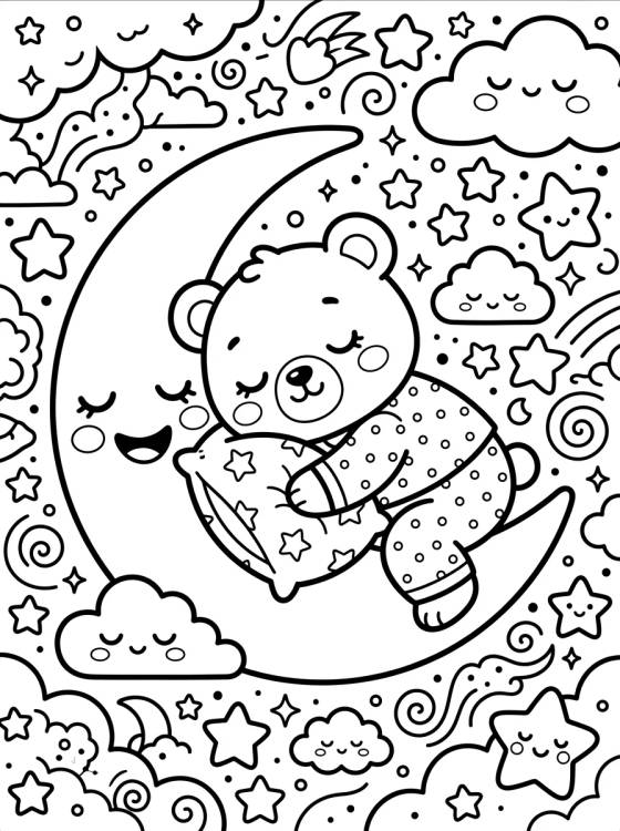 Desenho de Ursinho Bobbie Dormindo na Lua para colorir e imprimir grátis