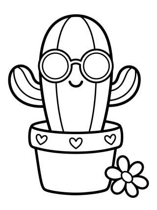 Desenho de Cacto Fofo de Óculos no Vaso para colorir e imprimir grátis
