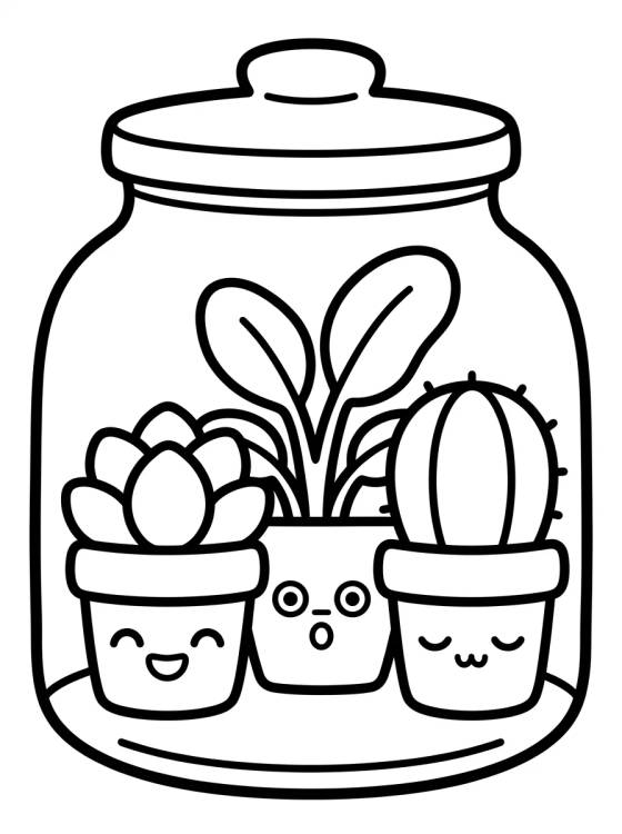 Desenho de Mini Terrário de Plantinhas Kawaii para colorir e imprimir grátis