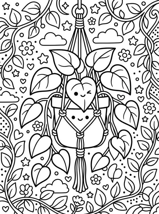 Desenho de Planta Jiboia em Vaso Suspenso para colorir e imprimir grátis