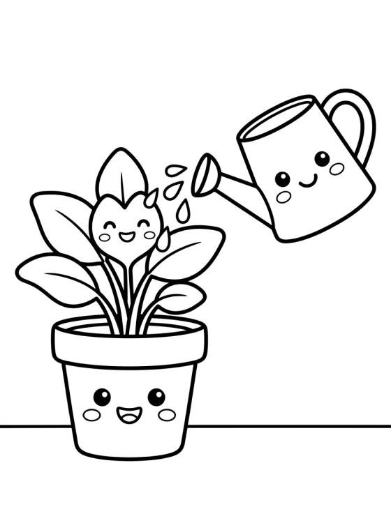 Desenho de Plantinha no Vaso e Regador Amigo para colorir e imprimir grátis