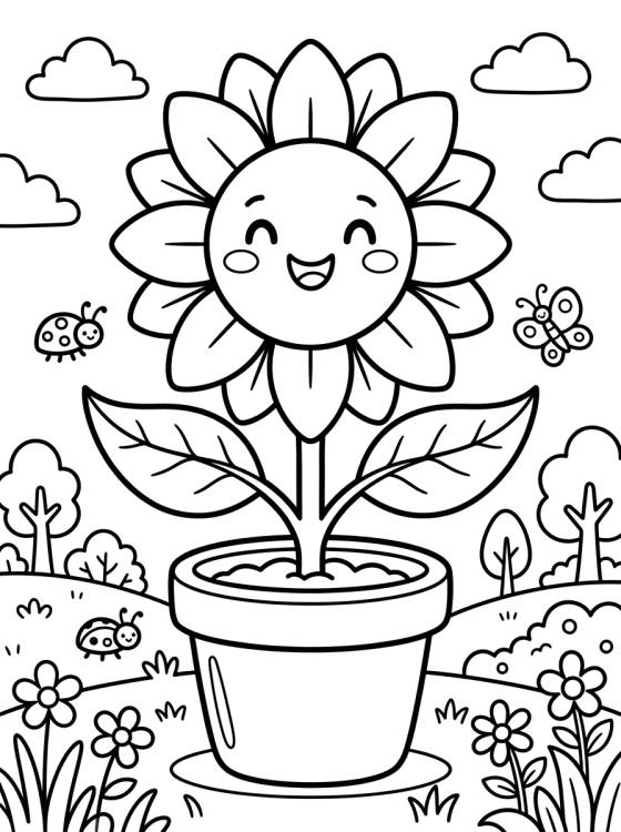 Desenho de Vaso de Girassol Sorridente para colorir e imprimir grátis
