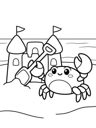 Desenho de Caranguejo Fofo com Castelo de Areia para colorir e imprimir grátis