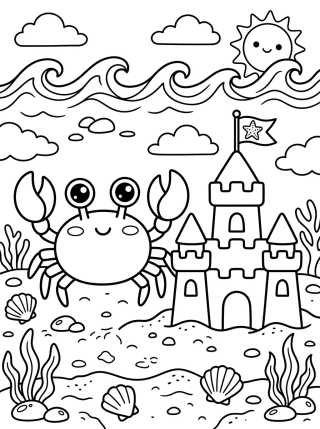 Desenho de Caranguejo no Castelo de Areia para colorir e imprimir grátis