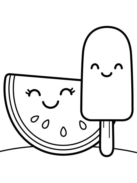Desenho de Picolé e Fatia de Melancia Fofos para colorir e imprimir grátis