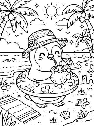 Desenho de Pinguim Tomando Água de Coco para colorir e imprimir grátis