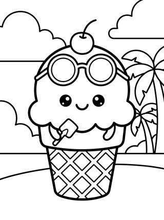 Desenho de Sorvete Kawaii na Praia para colorir e imprimir grátis