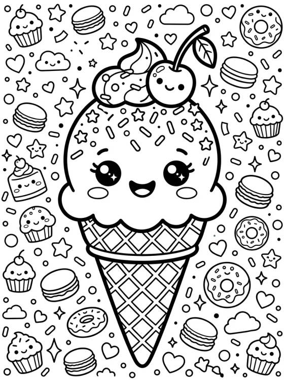 Desenho de Sorvete Kawaii Risonho para colorir e imprimir grátis